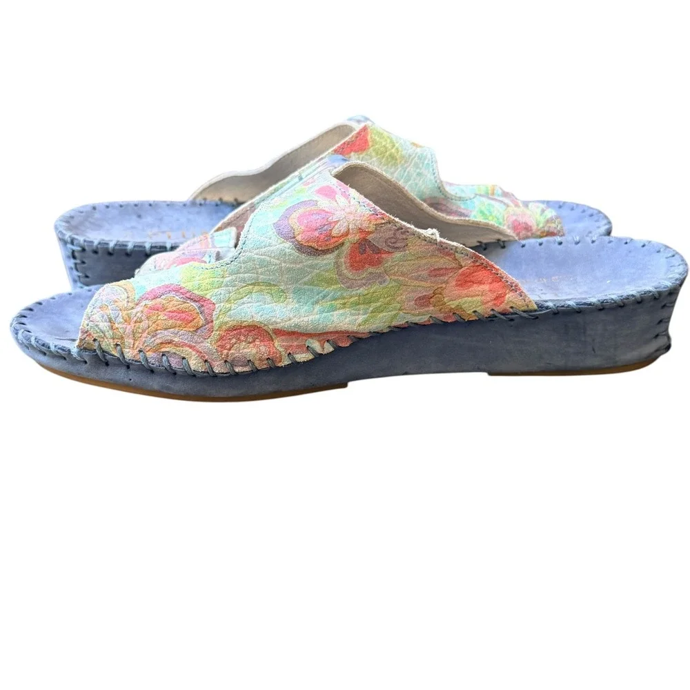 La Plume Sandals Women‎ US 7.5 Pastel Leather Floral Double Buckle Slides Italy